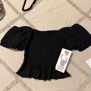 Celebrity Pink Black Off-Shoulder Flutter Sleeve Smocked Top